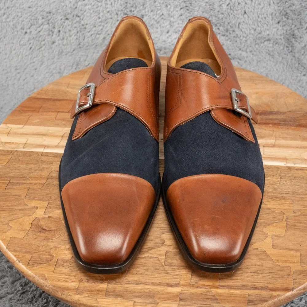 Paul Fredrick Monk Strap Navy Suede Cognac Leather Dress Shoe Size 8.5